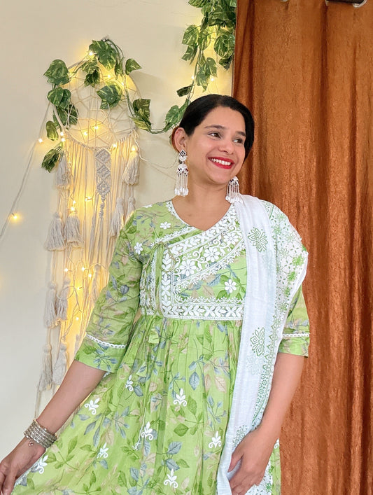 Lime Green Embroidered Cotton Anarkali Kurta Set with Lace Dupatta & Pants
