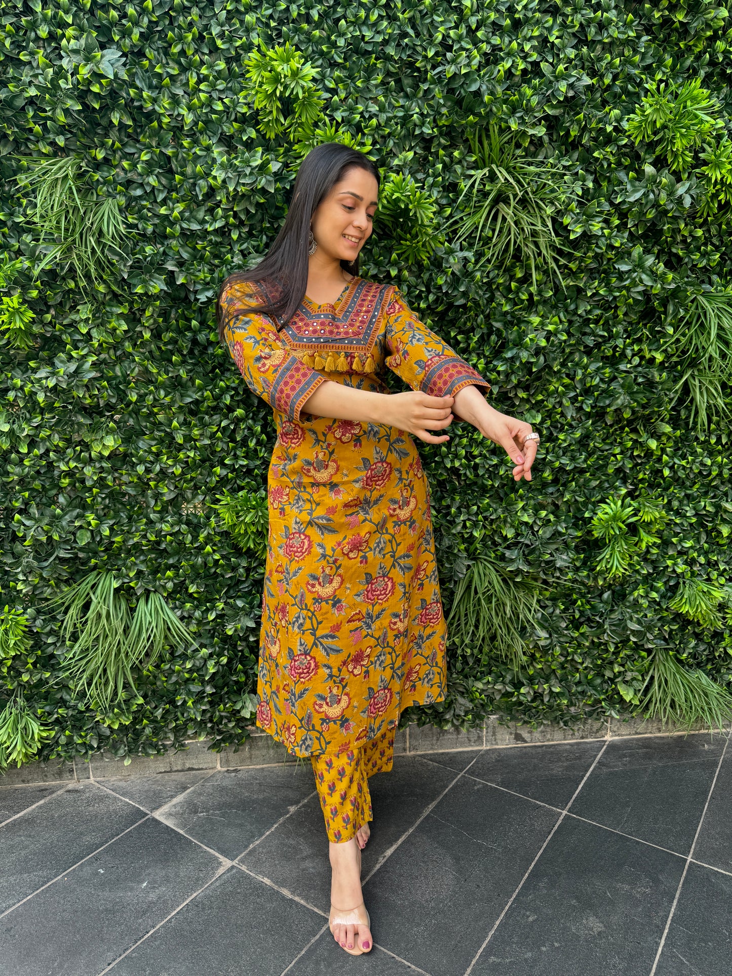 Mustard Yellow Ethnic Floral Cotton Kurta Set with Printed Pants & Dupatta
