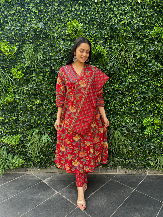 Crimson Red Floral Cotton Kurta Set with Printed Pants & Dupatta