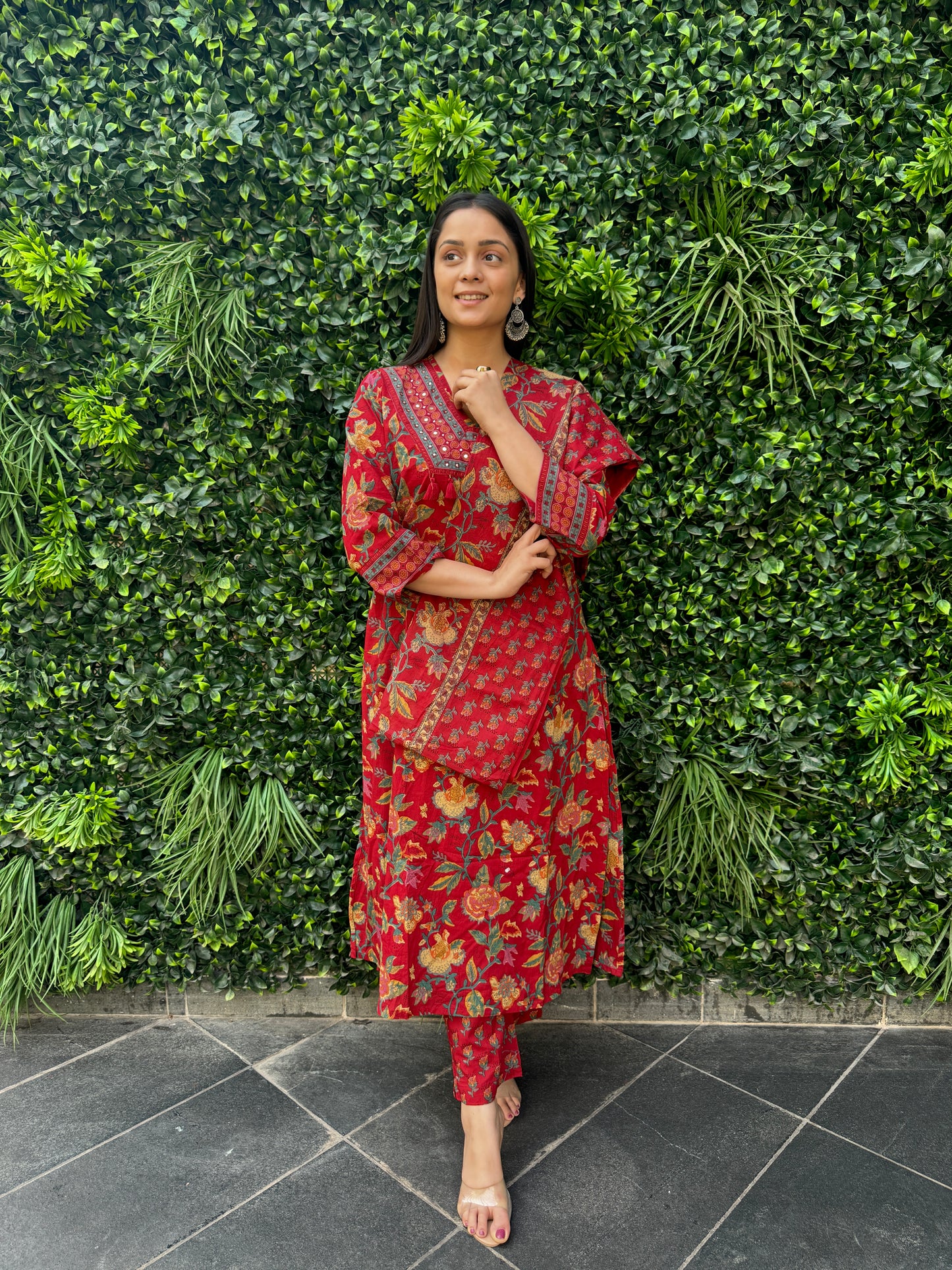 Crimson Red Floral Cotton Kurta Set with Printed Pants & Dupatta