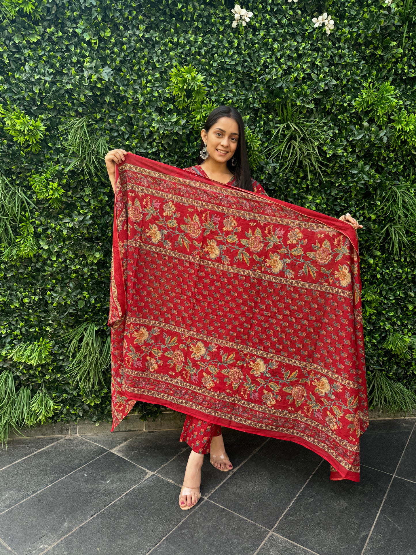 Crimson Red Floral Cotton Kurta Set with Printed Pants & Dupatta
