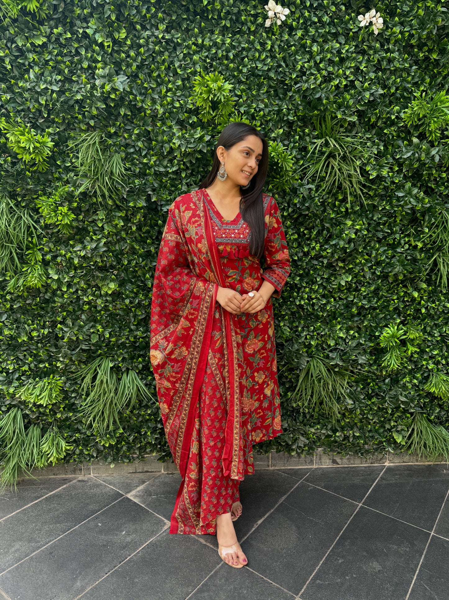 Crimson Red Floral Cotton Kurta Set with Printed Pants & Dupatta
