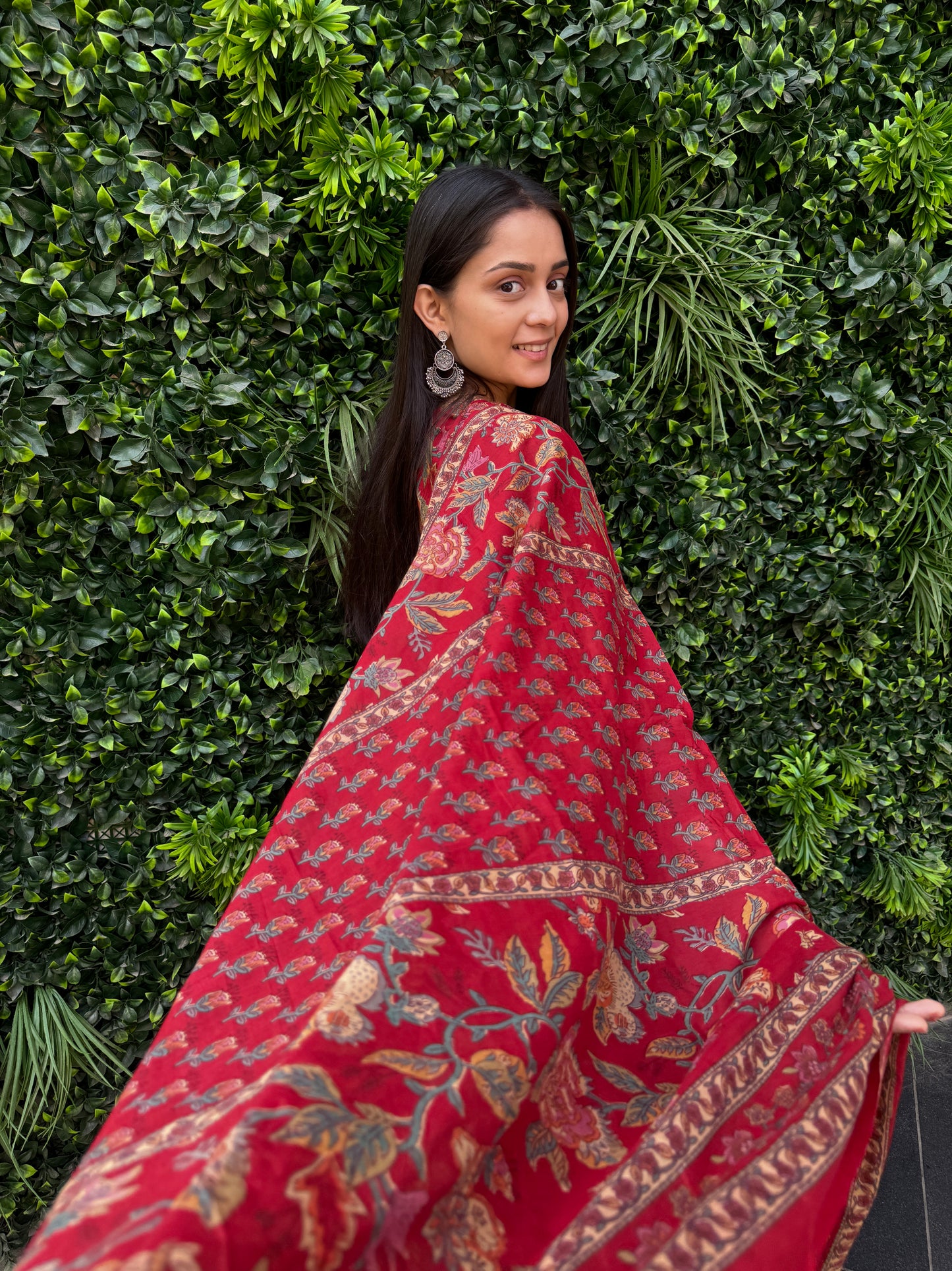 Crimson Red Floral Cotton Kurta Set with Printed Pants & Dupatta