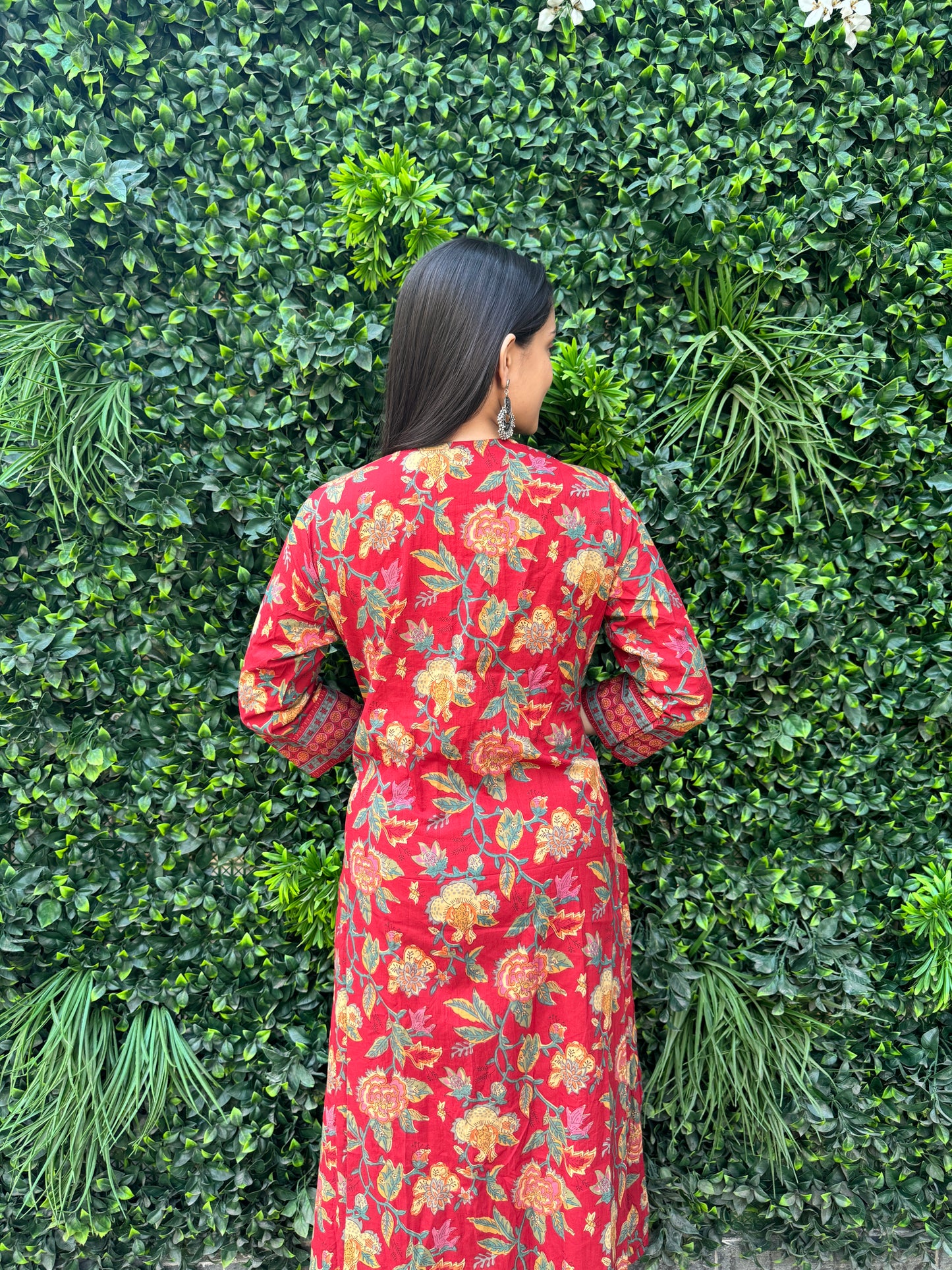 Crimson Red Floral Cotton Kurta Set with Printed Pants & Dupatta