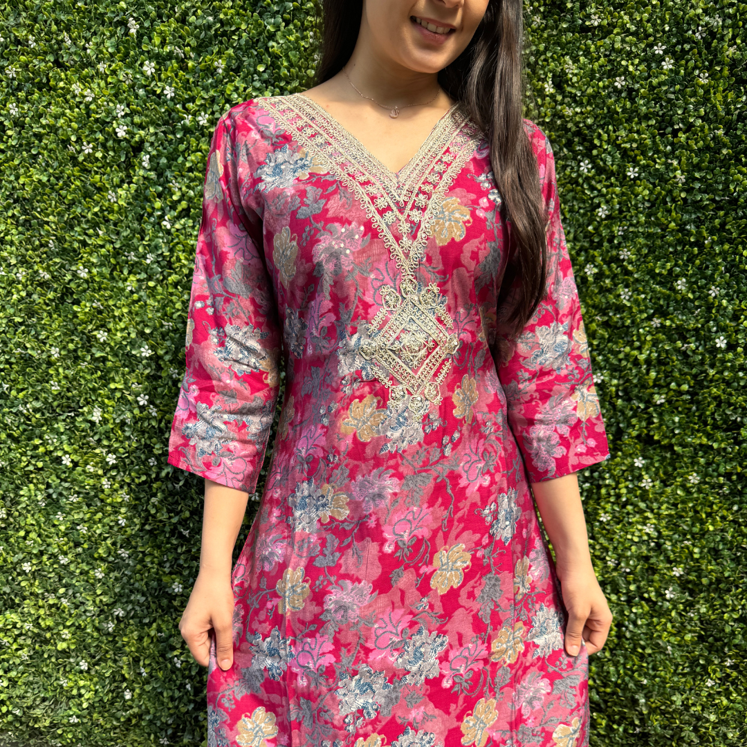 Elegant Floral Magenta Kurta Set with Embroidered Neckline