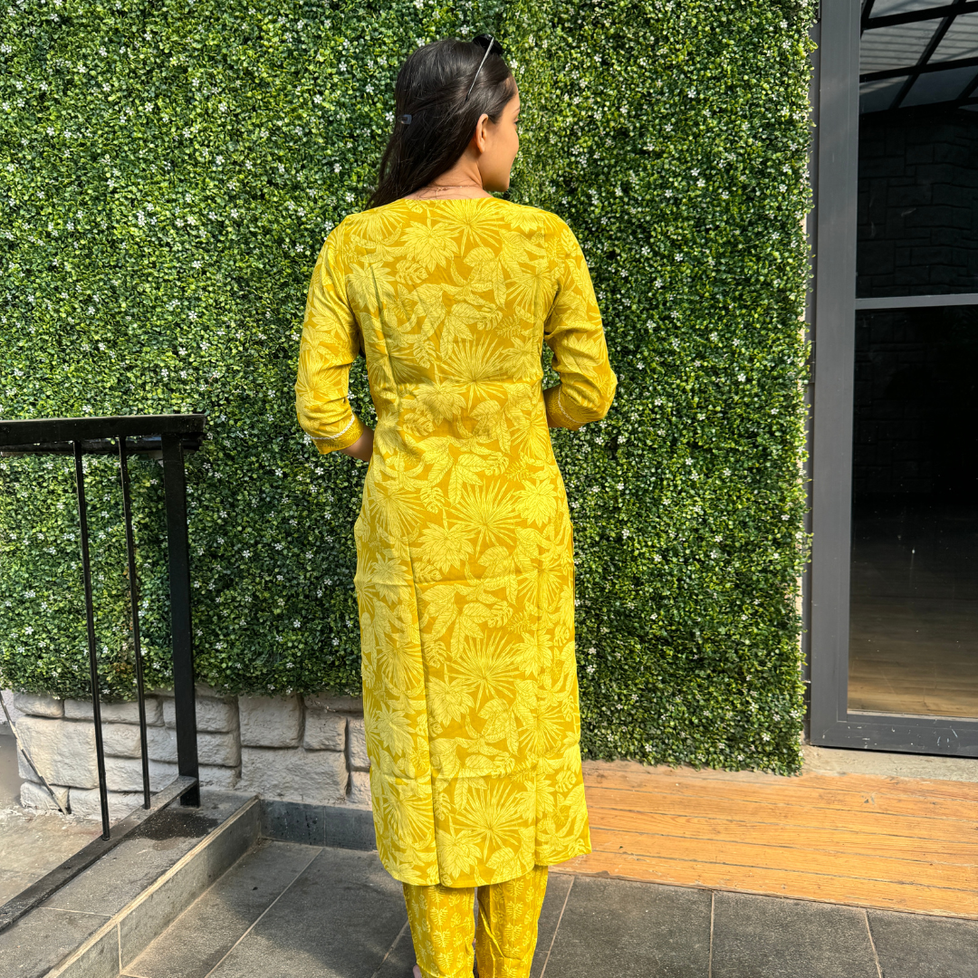 Mustard Yellow Floral Printed Kurta Set with Embroidered Neckline