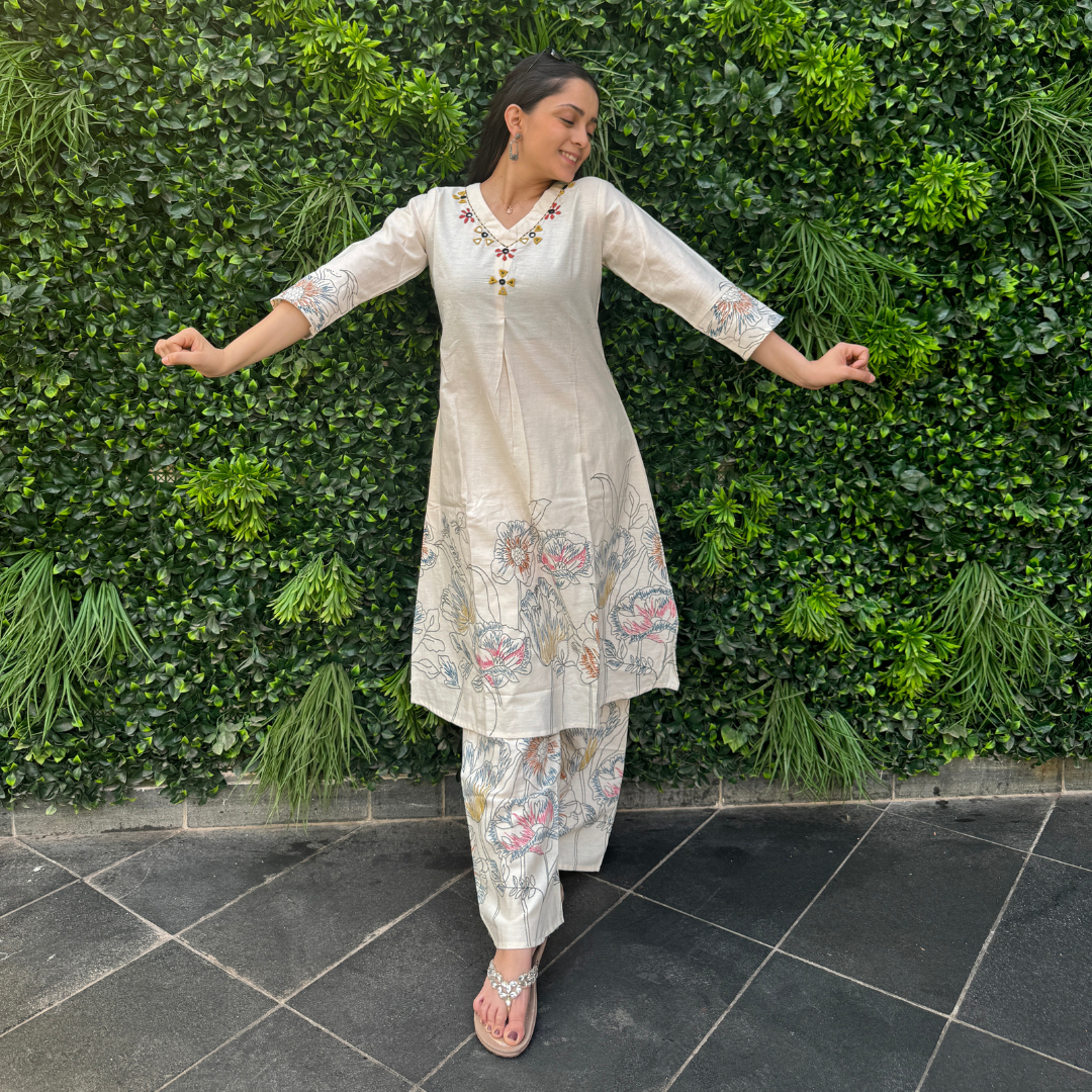 Ivory Cotton Floral Embroidered Kurta Set – Elegant Summer Collection