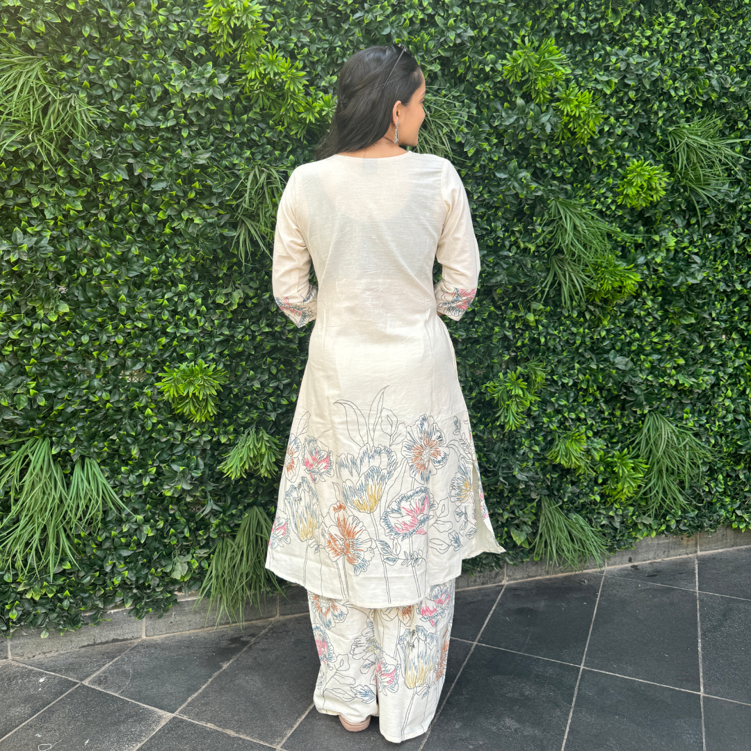 Ivory Cotton Floral Embroidered Kurta Set – Elegant Summer Collection