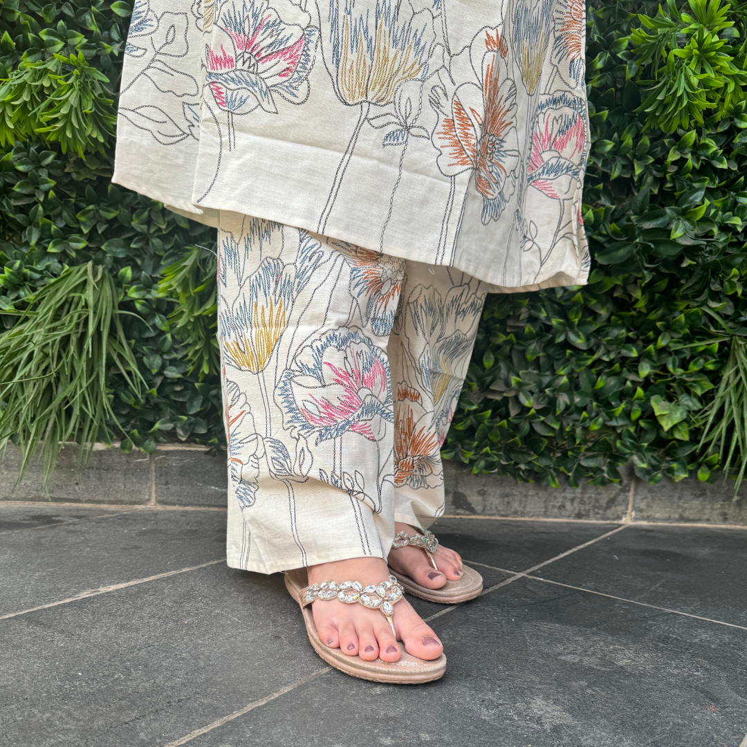 Ivory Cotton Floral Embroidered Kurta Set – Elegant Summer Collection