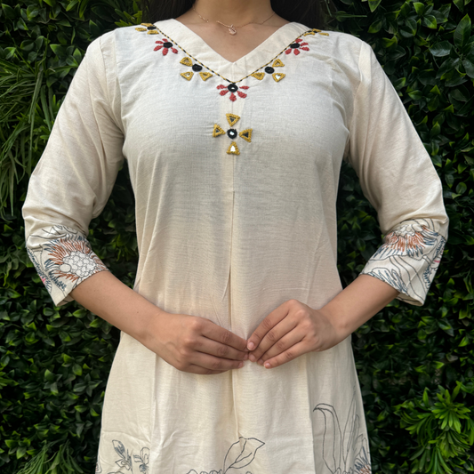 Ivory Cotton Floral Embroidered Kurta Set – Elegant Summer Collection
