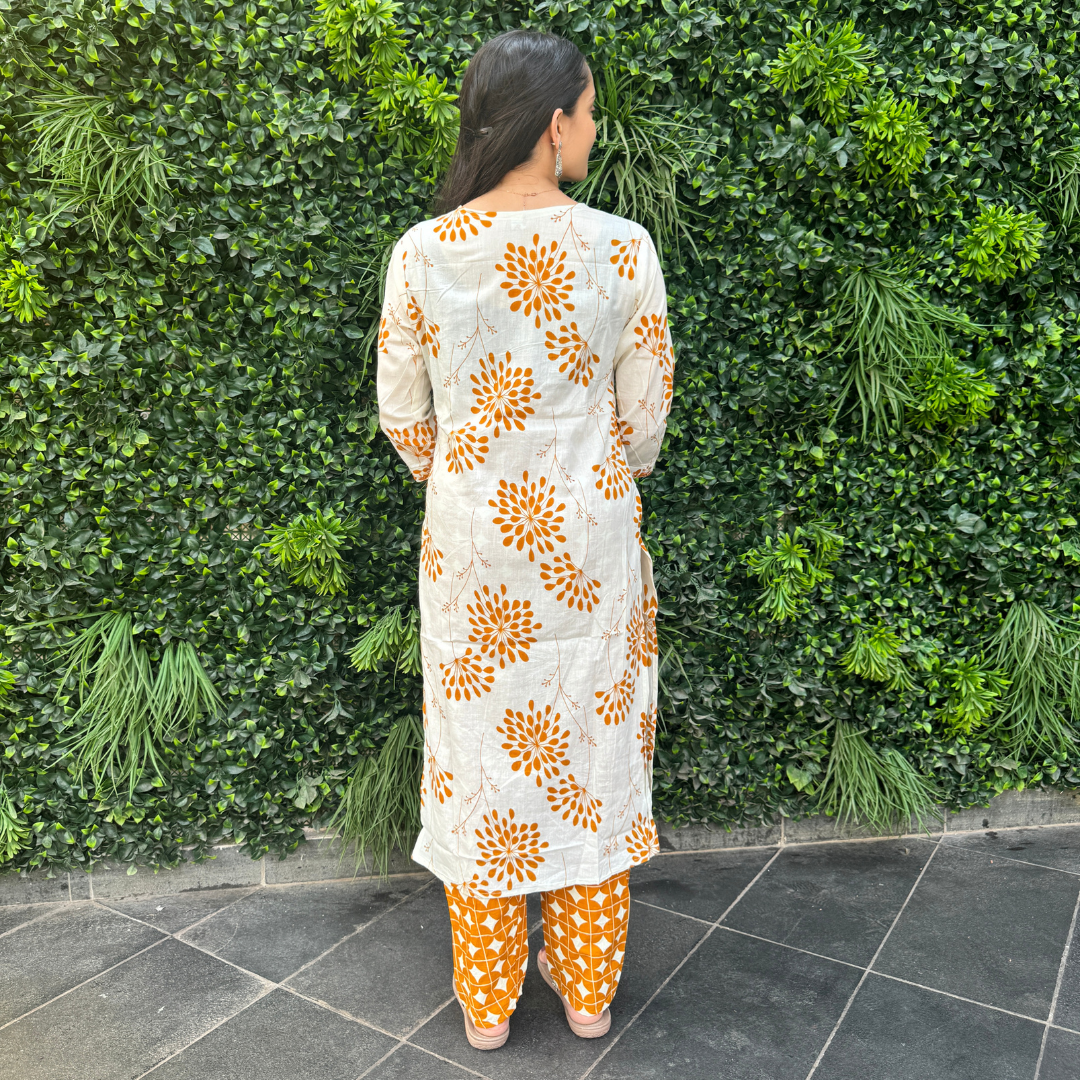 Ivory & Mustard Handblock Cotton Printed Kurta Set with Dupatta