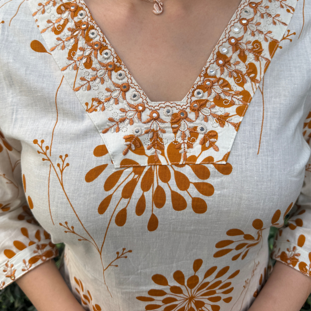 Ivory & Mustard Handblock Cotton Printed Kurta Set with Dupatta