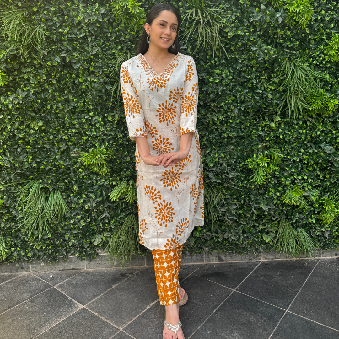 Ivory & Mustard Handblock Cotton Printed Kurta Set with Dupatta