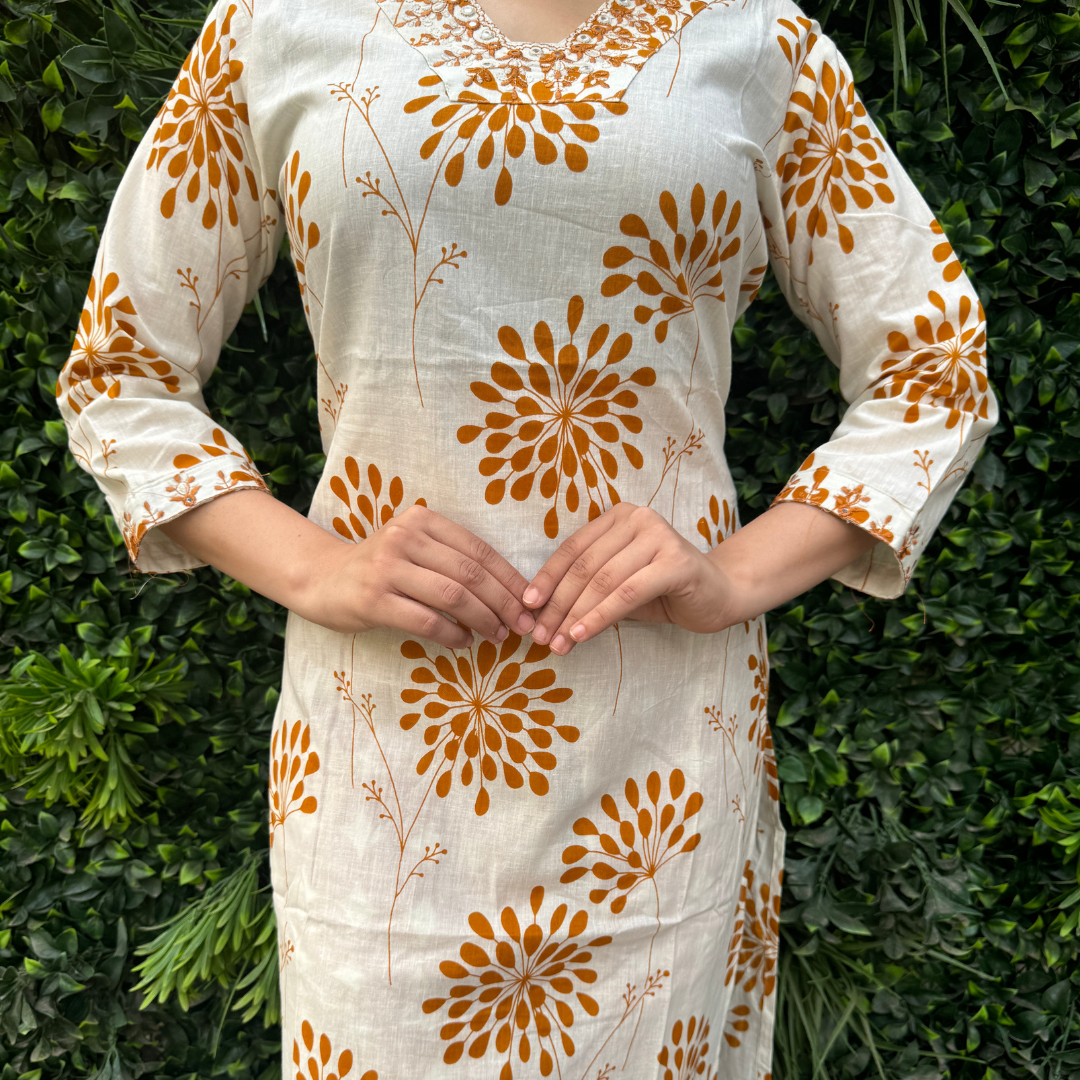 Ivory & Mustard Handblock Cotton Printed Kurta Set with Dupatta