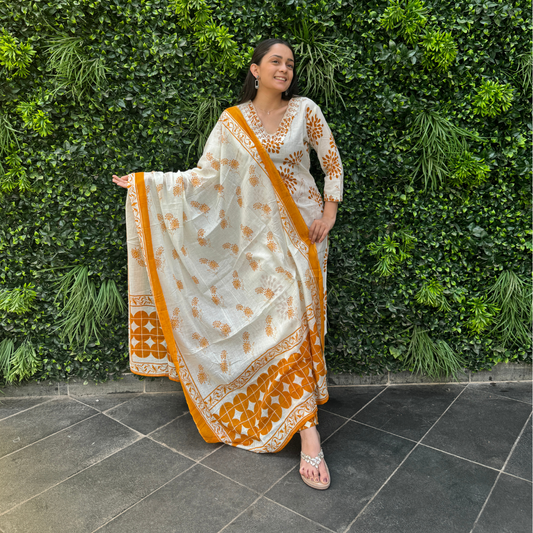 Ivory & Mustard Handblock Cotton Printed Kurta Set with Dupatta