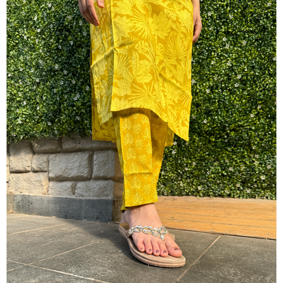 Mustard Yellow Floral Printed Kurta Set with Embroidered Neckline