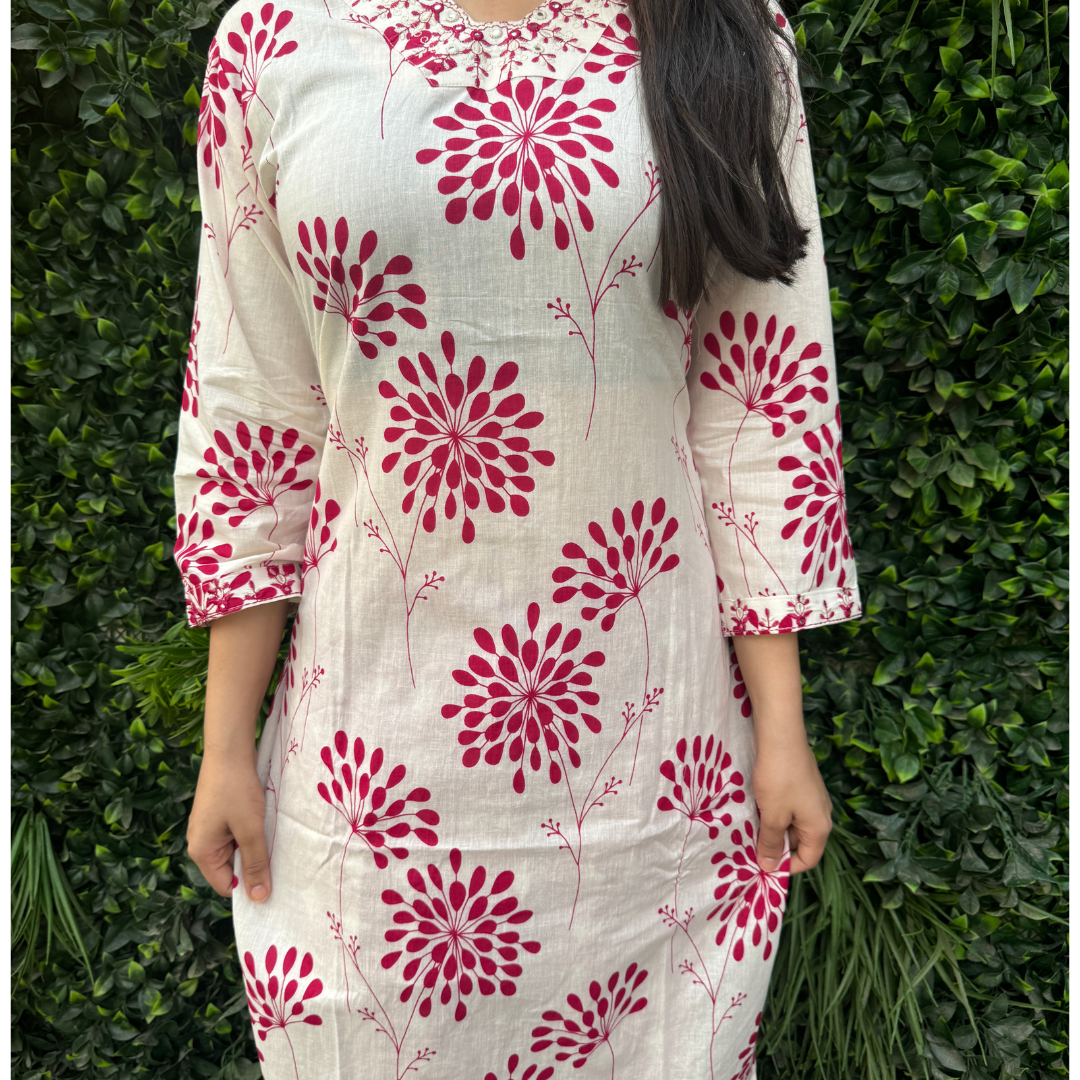 Ivory & Pink Handblock Printed Cotton Kurta Set with Dupatta – Traditional Elegance with a Modern Twist