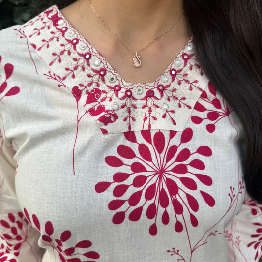 Ivory & Pink Handblock Printed Cotton Kurta Set with Dupatta – Traditional Elegance with a Modern Twist