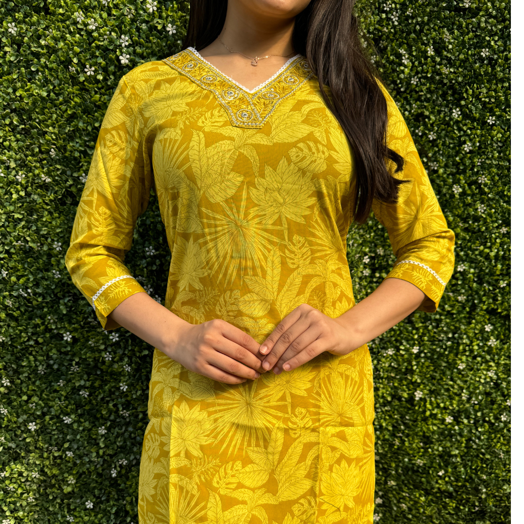 Mustard Yellow Floral Printed Kurta Set with Embroidered Neckline