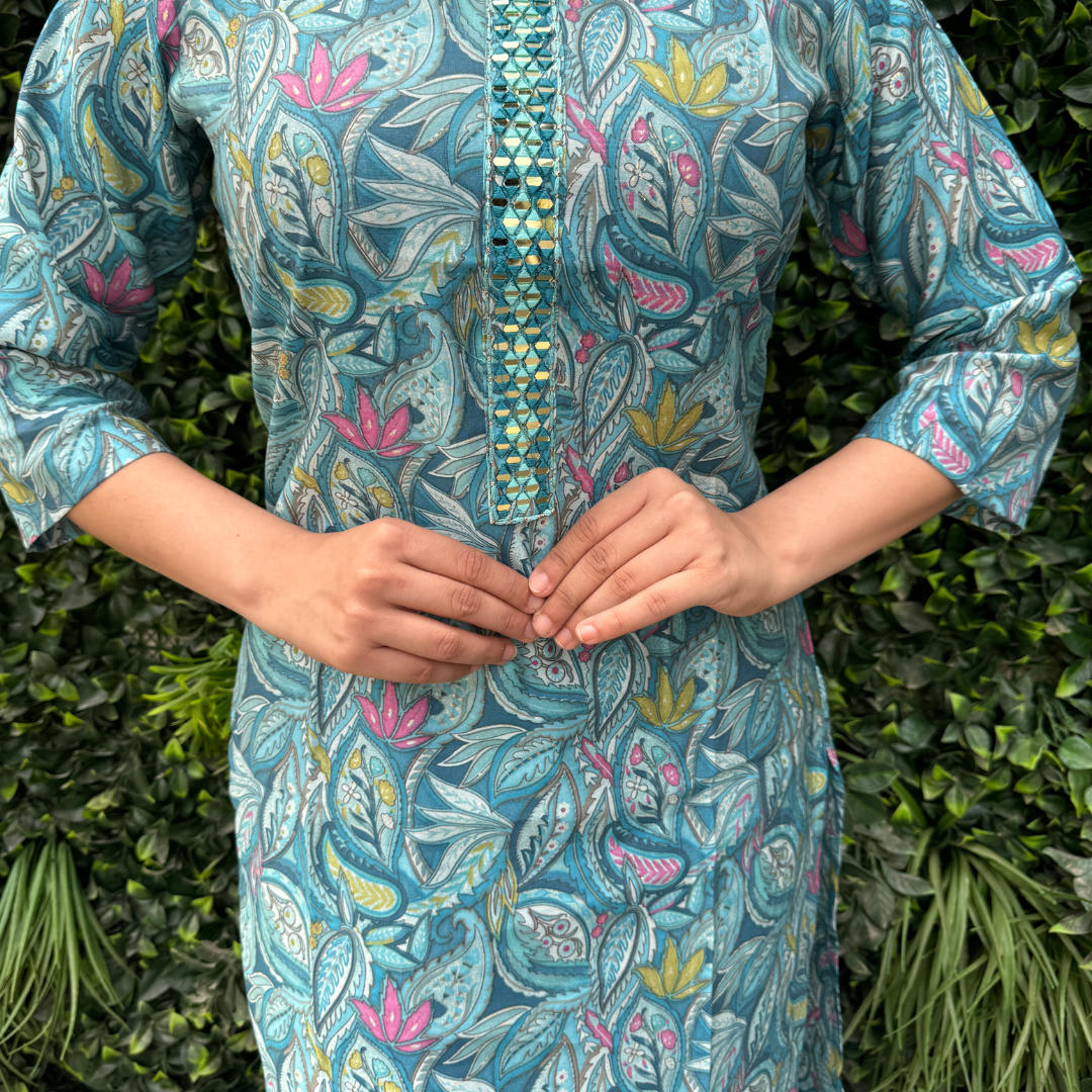 Aqua Blue Floral Leaf Print Cotton Kurta Set