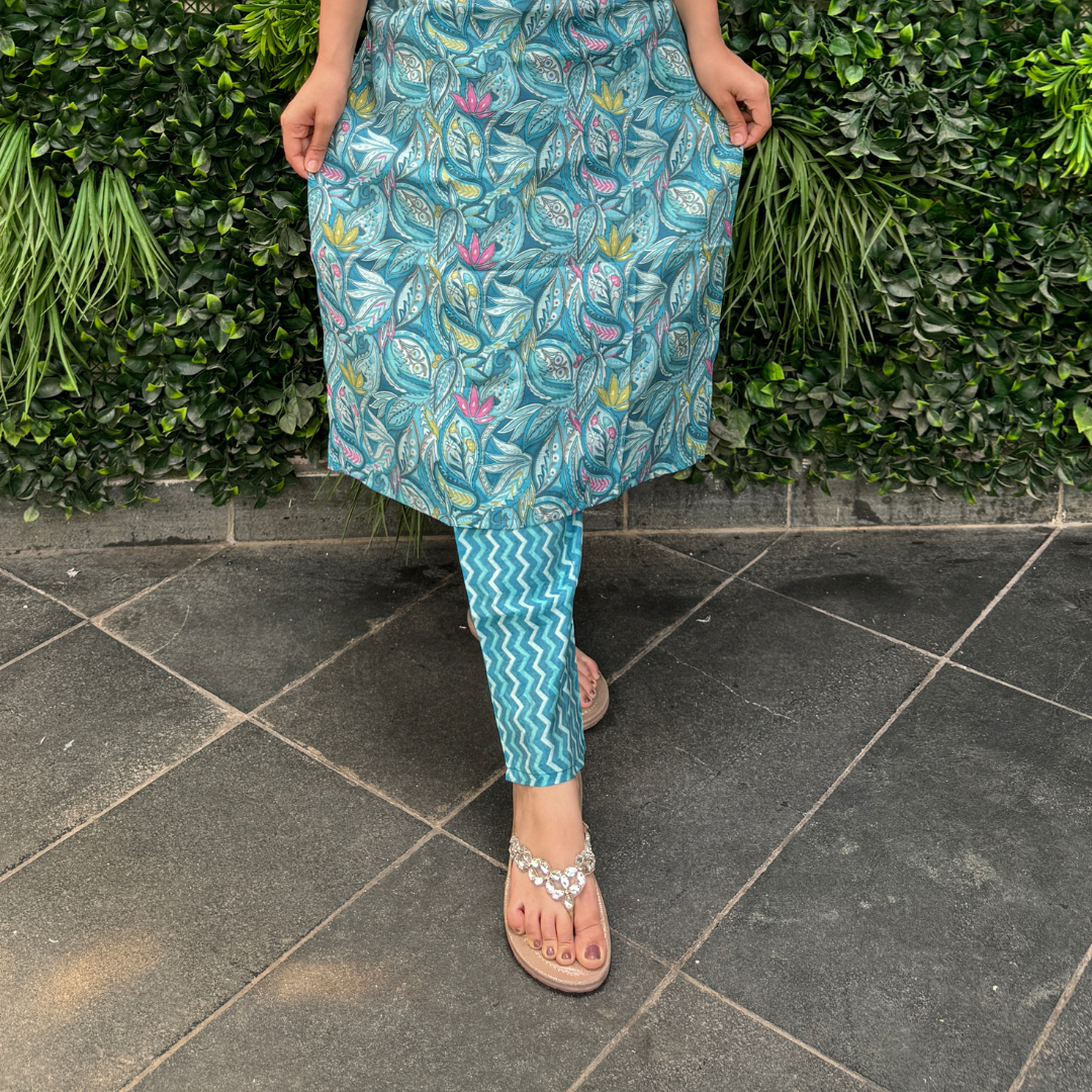 Aqua Blue Floral Leaf Print Cotton Kurta Set