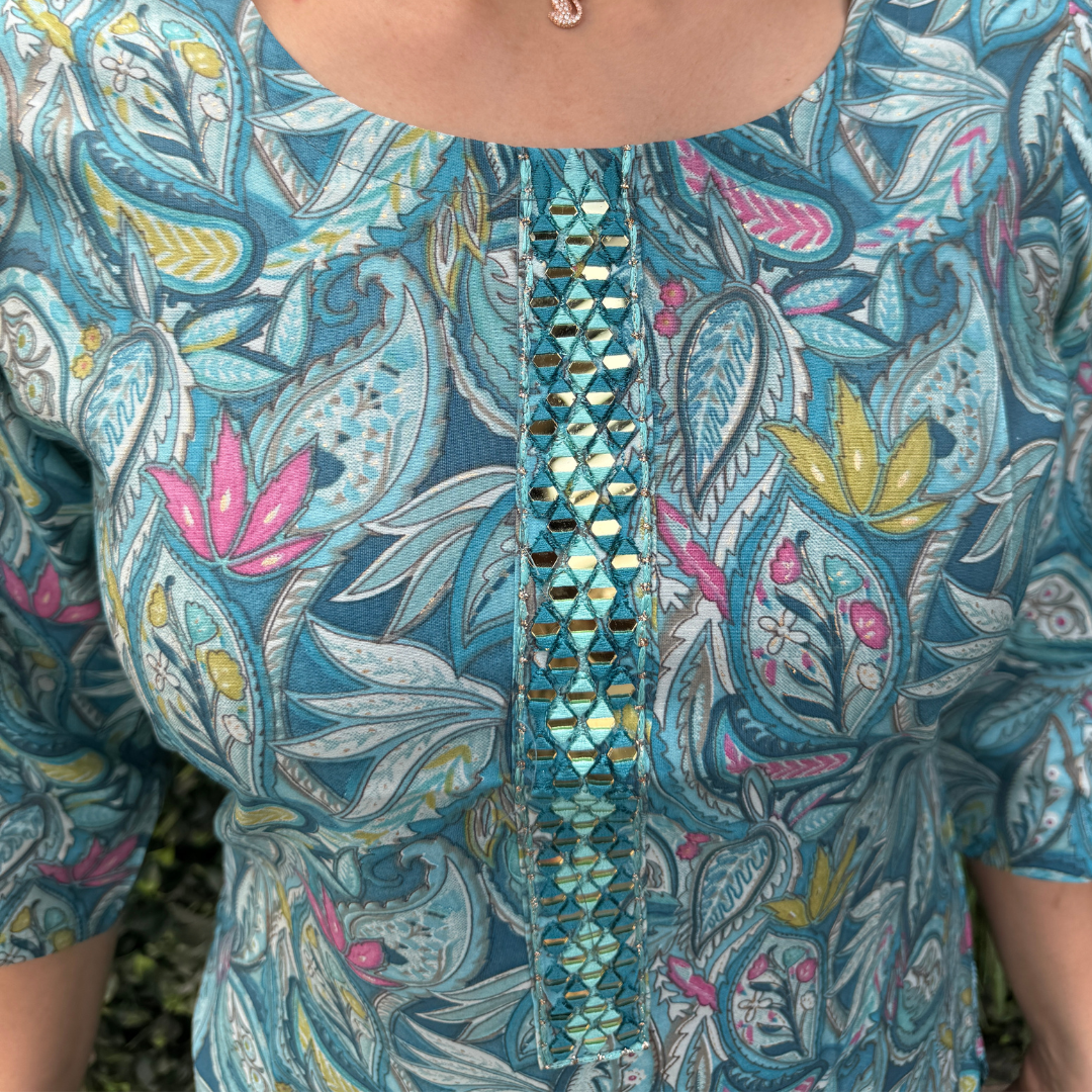 Aqua Blue Floral Leaf Print Cotton Kurta Set