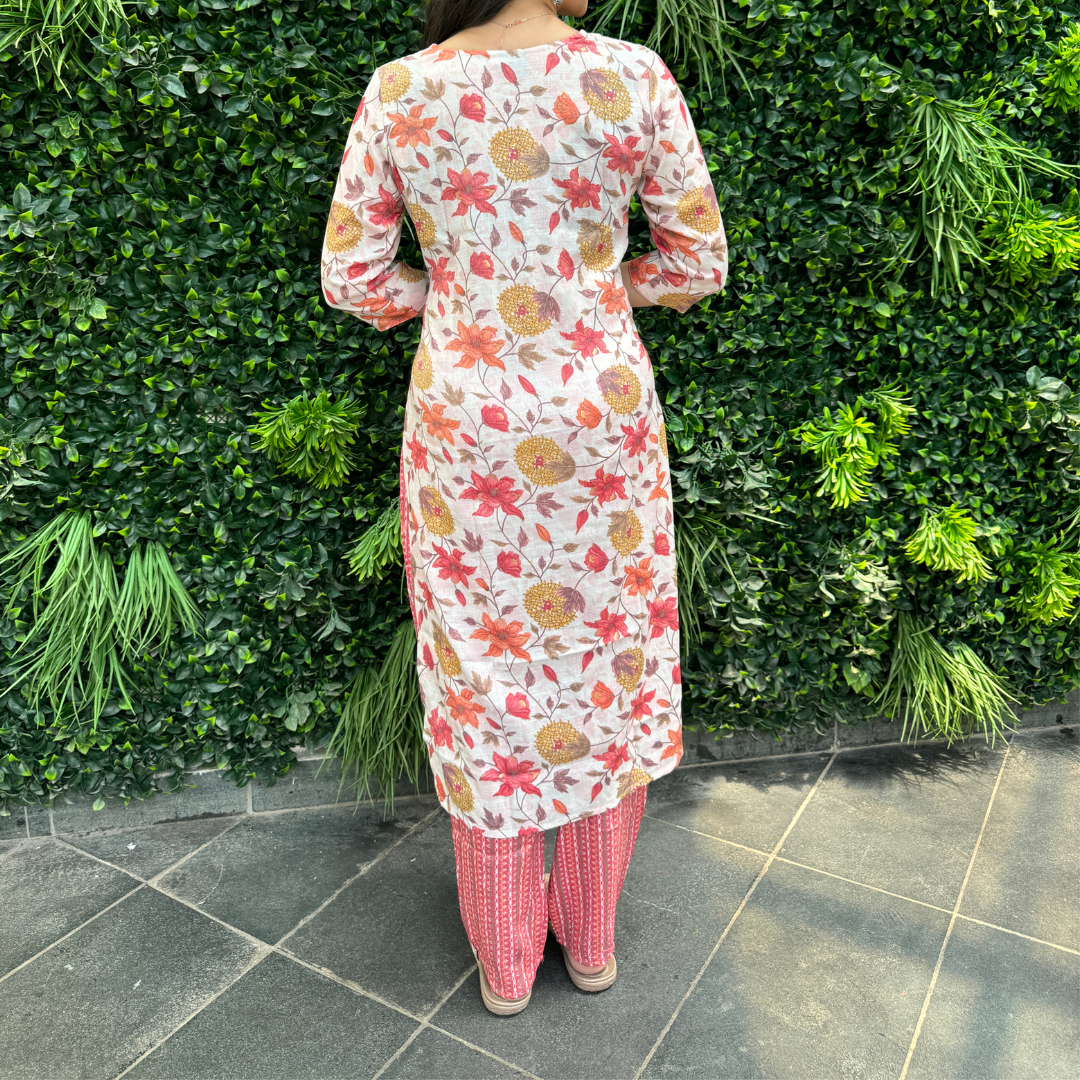 Women's Cotton Straight Kurta Set in Cream with Floral Print