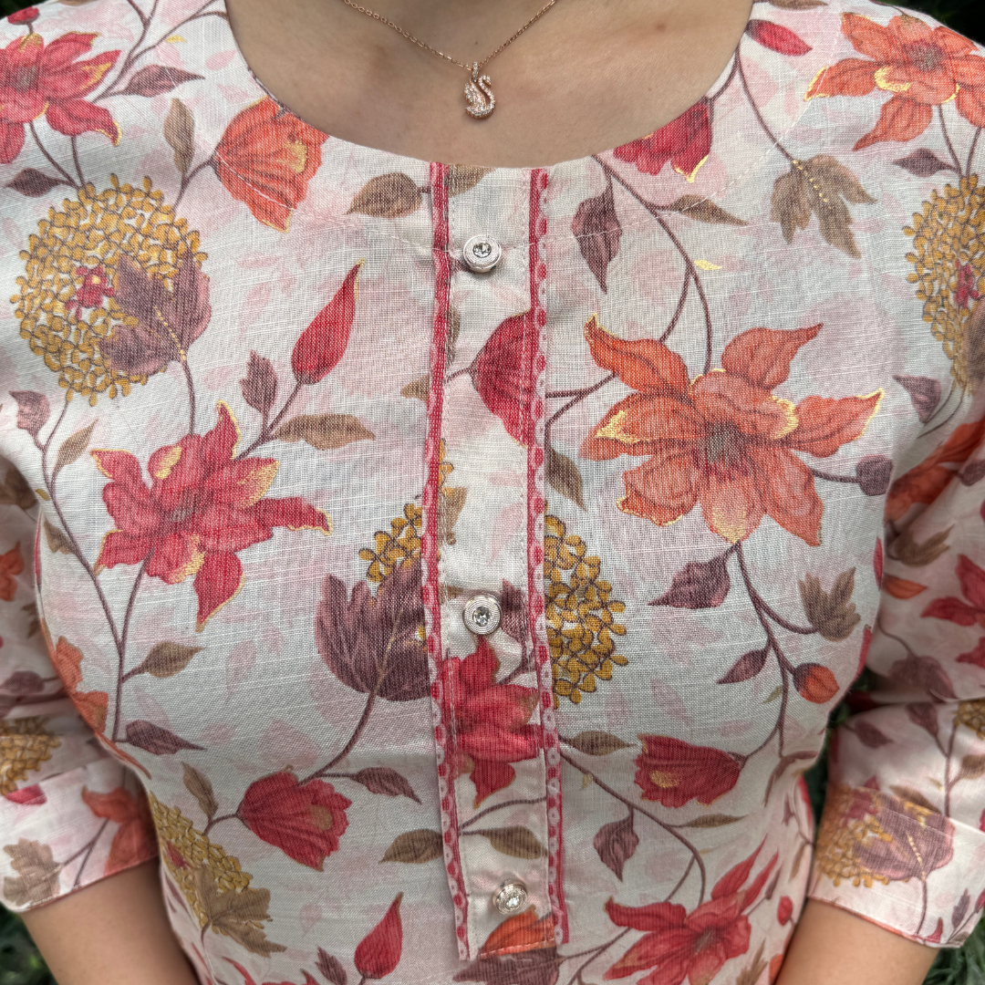 Women's Cotton Straight Kurta Set in Cream with Floral Print