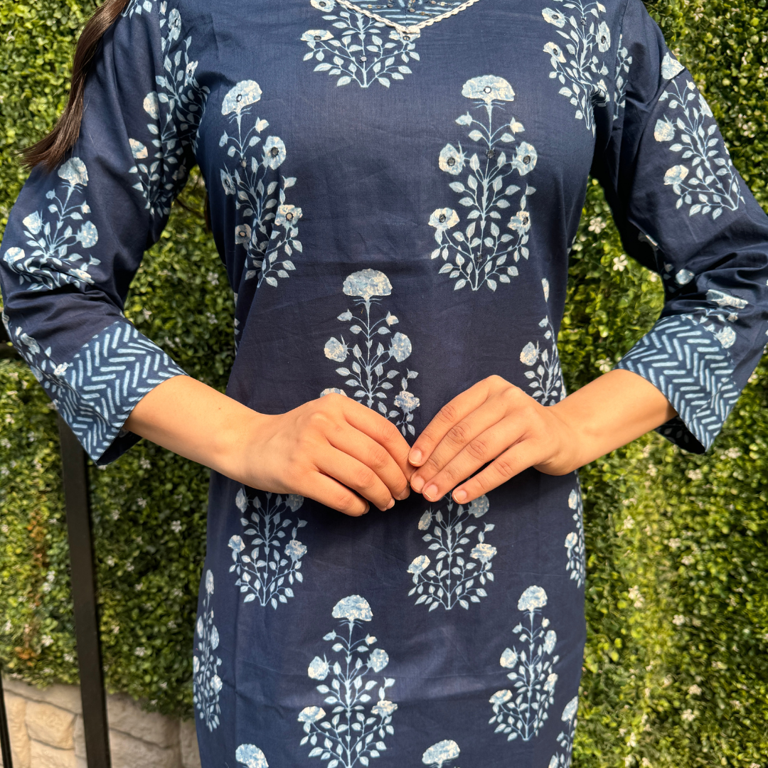 Indigo Blue Handblock Print Kurta Set with Dupatta