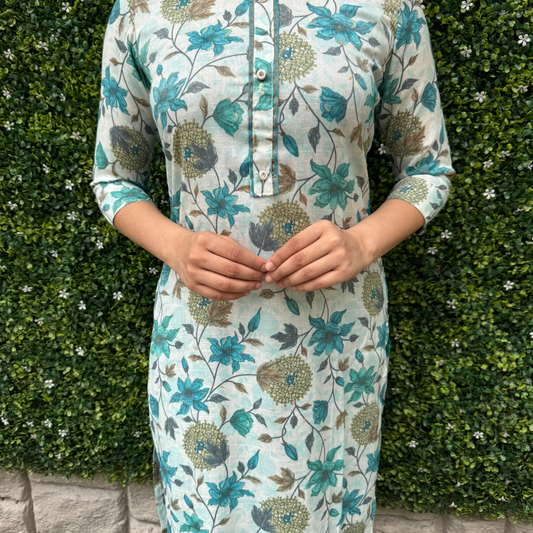 Floral Print Cotton Straight Kurta Set – Teal & White | Everyday Ethnic Elegance