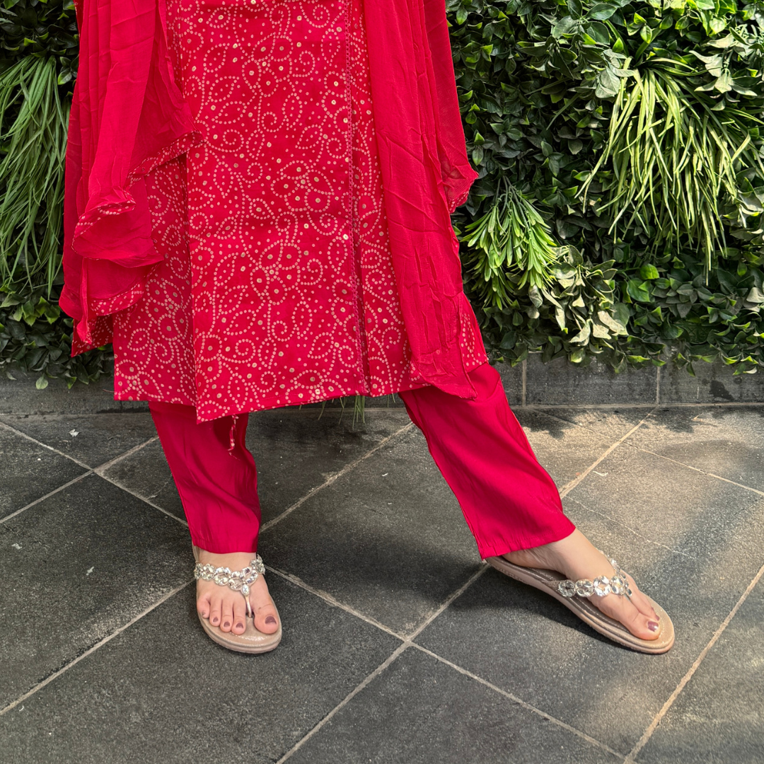 Women’s Red Bandhani Print Kurta Set with Solid Dupatta – 3 Piece Ethnic Ensemble