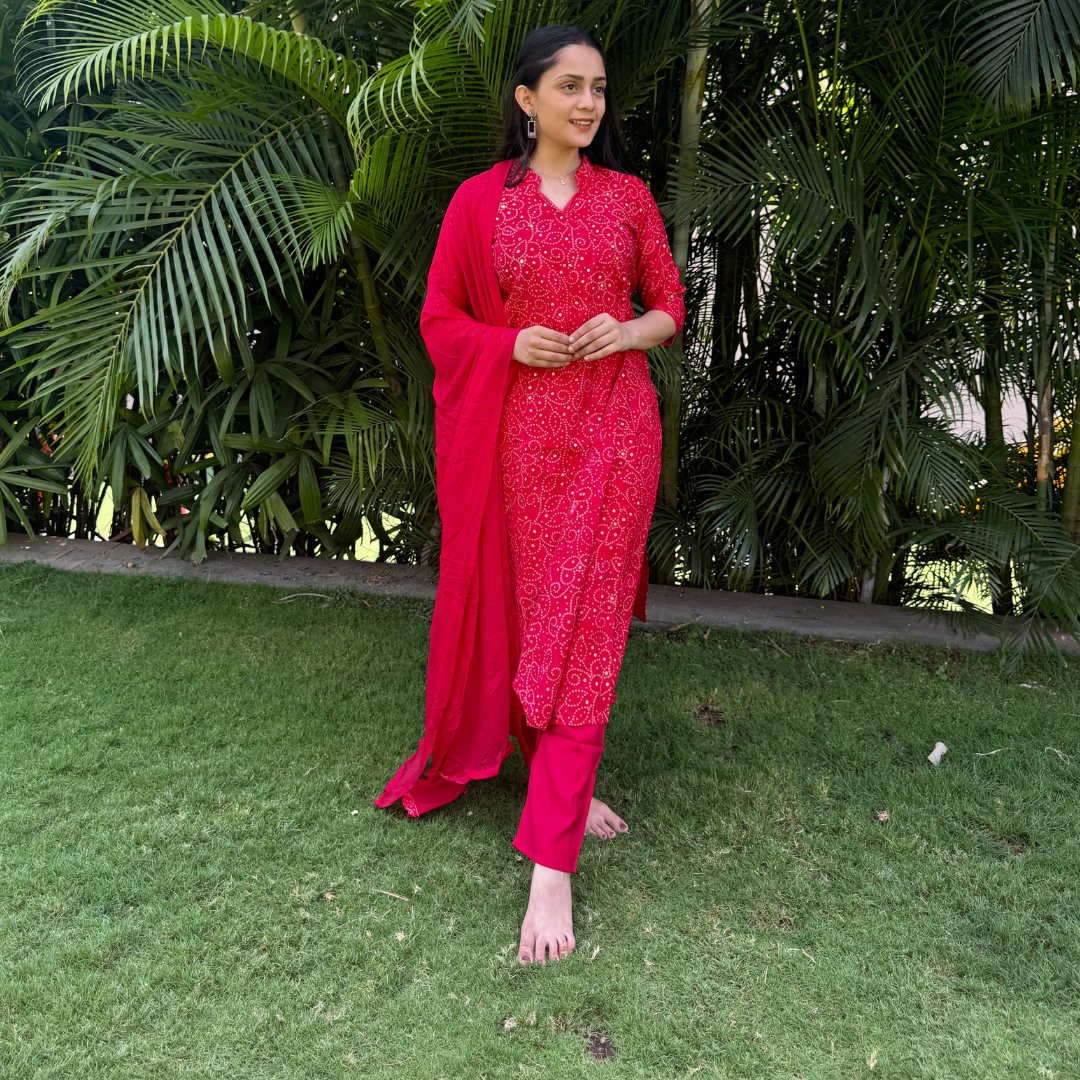 Women’s Red Bandhani Print Kurta Set with Solid Dupatta – 3 Piece Ethnic Ensemble