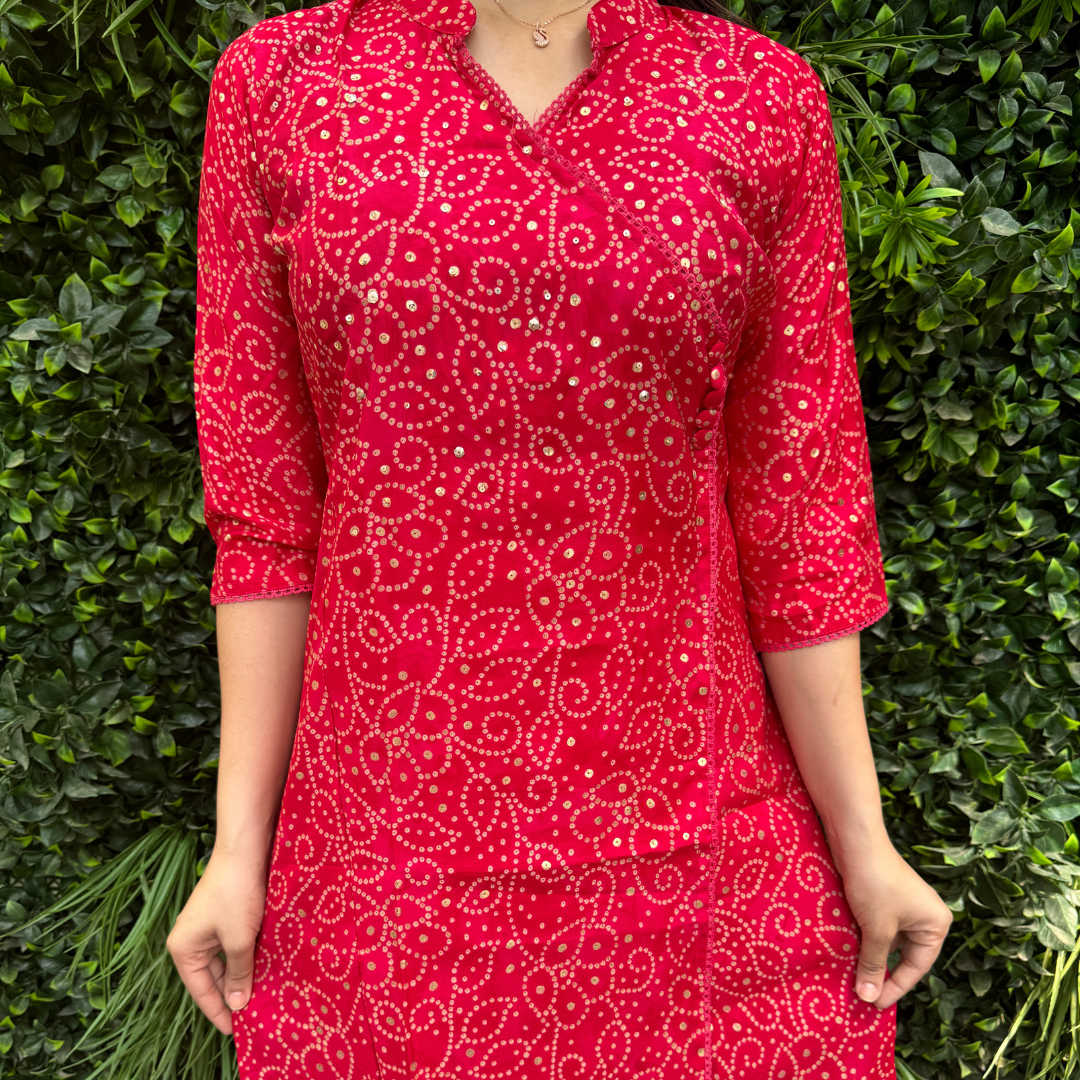 Women’s Red Bandhani Print Kurta Set with Solid Dupatta – 3 Piece Ethnic Ensemble