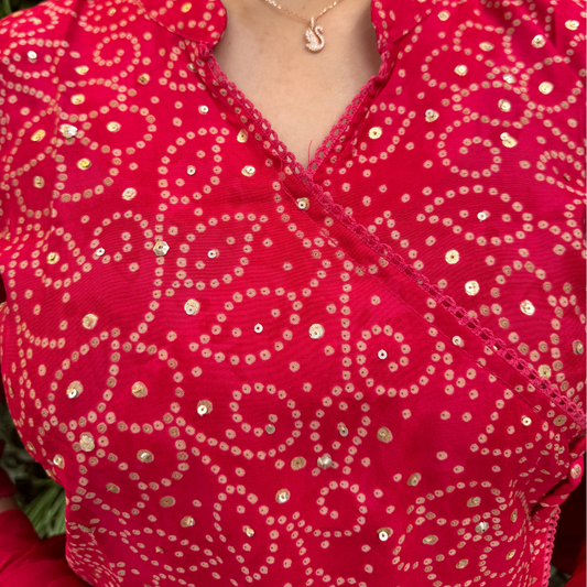 Women’s Red Bandhani Print Kurta Set with Solid Dupatta – 3 Piece Ethnic Ensemble