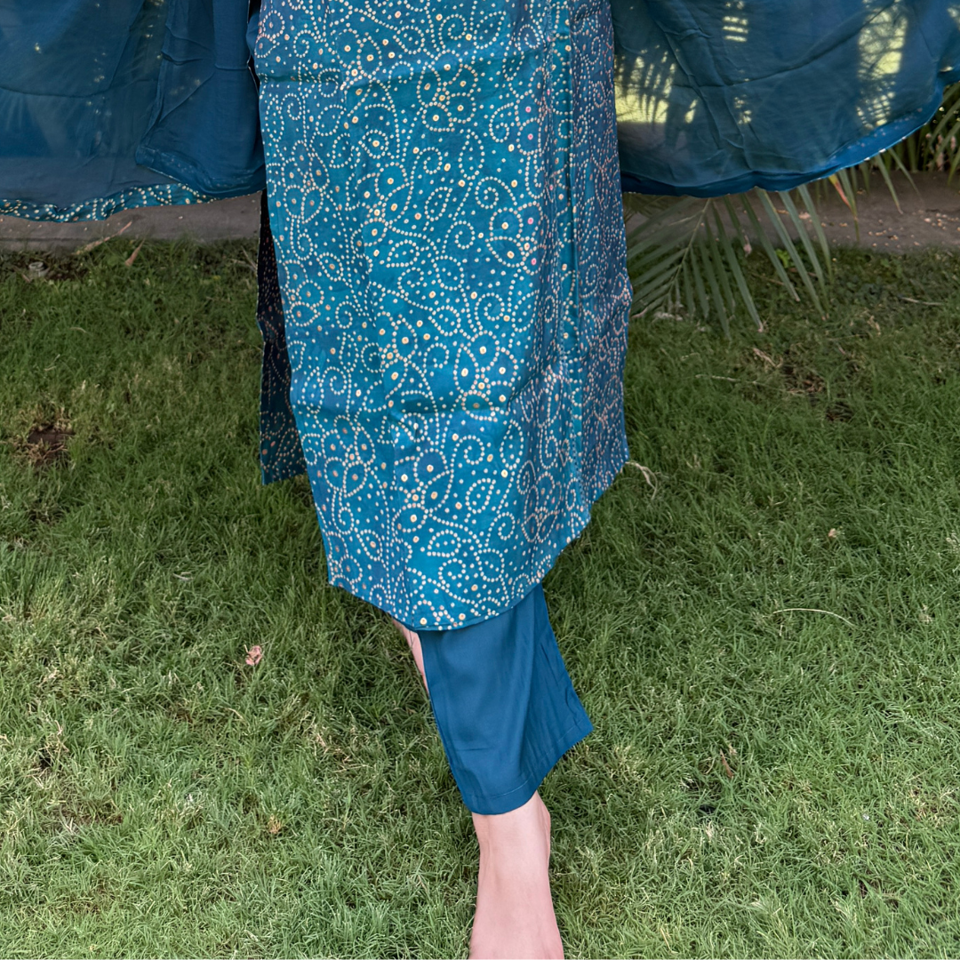 Teal Blue Bandhani Print Cotton Kurta Set with Dupatta (3-Piece)