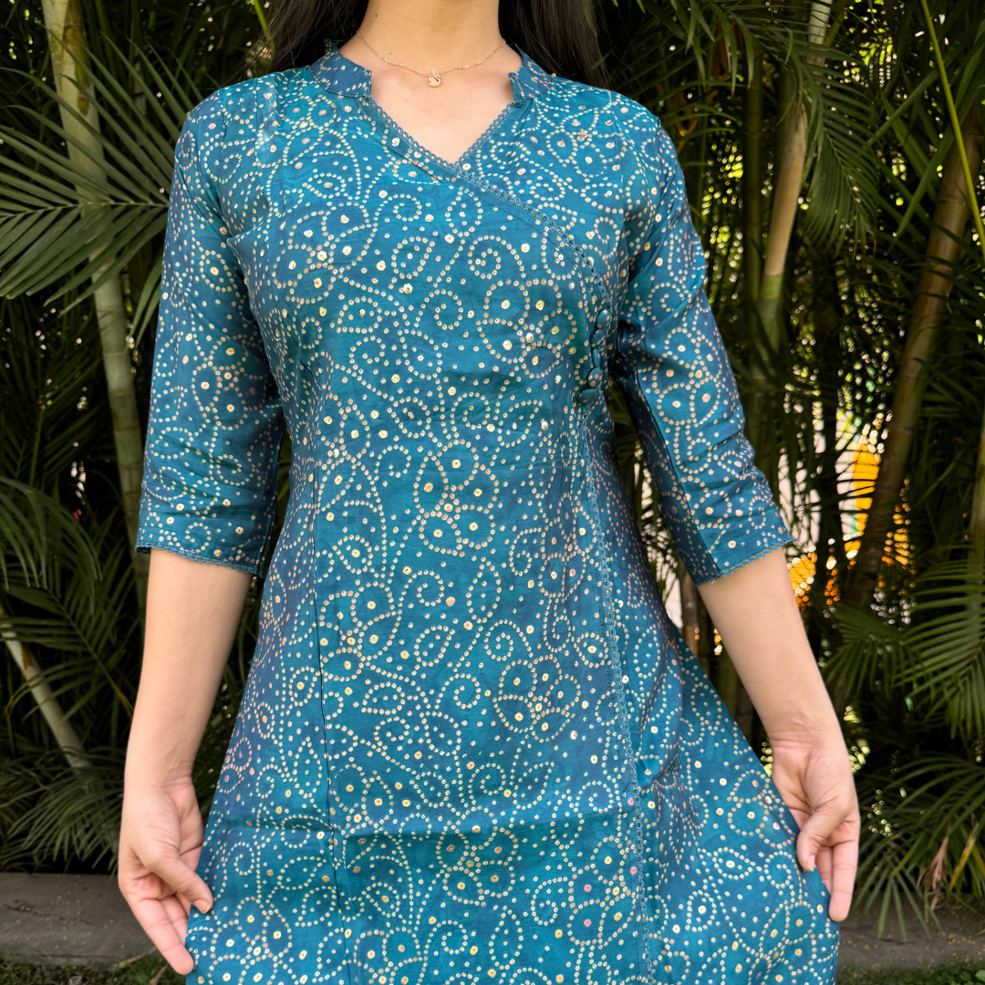 Teal Blue Bandhani Print Cotton Kurta Set with Dupatta (3-Piece)