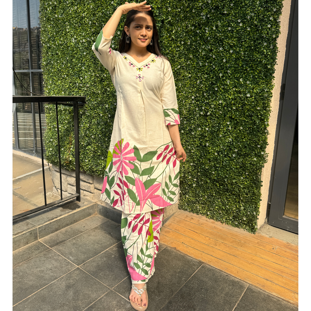 Cream & Pink Tropical Floral Kurta Set with Embroidered Neckline