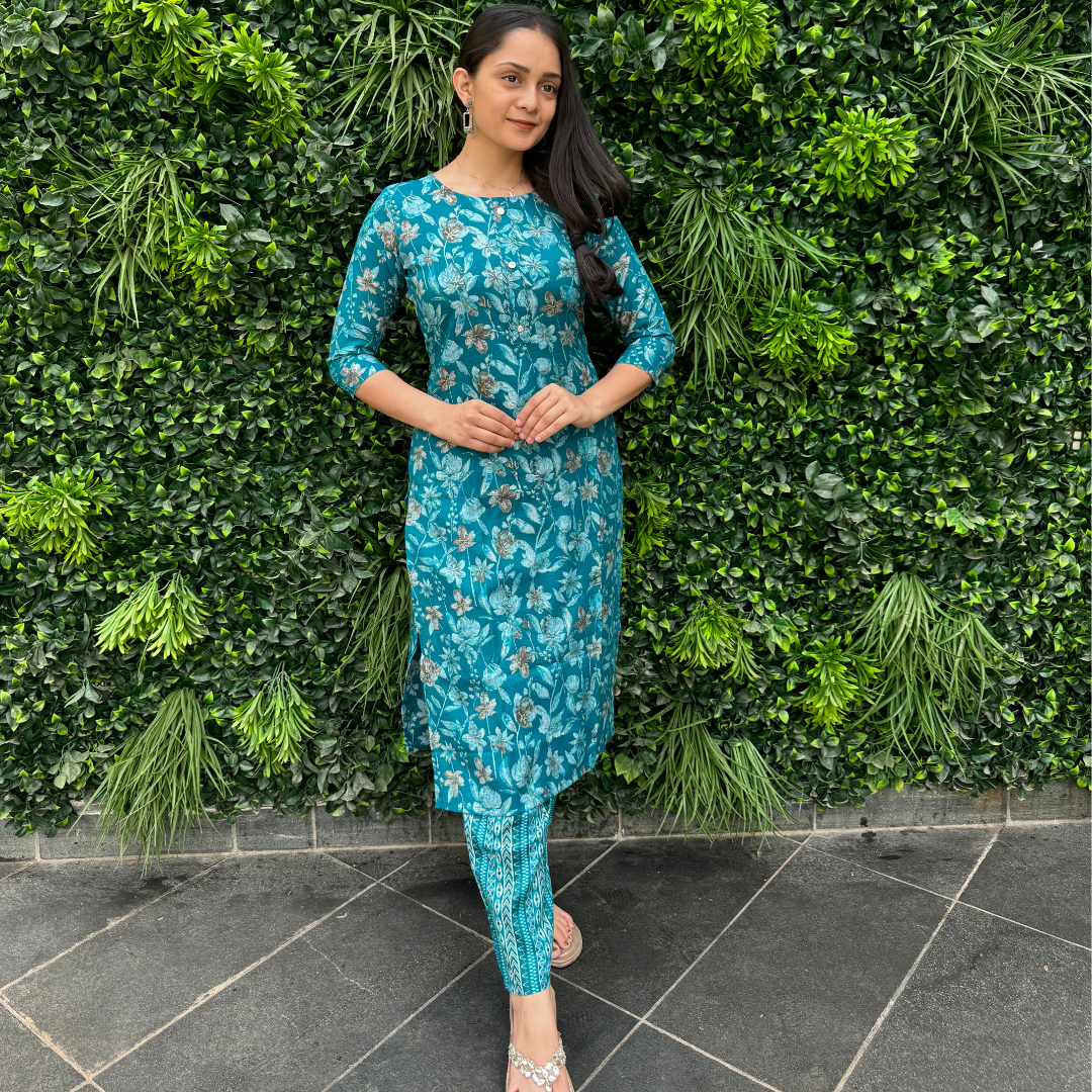 Teal Floral Printed Straight Kurta Set with Pants – Everyday Elegance