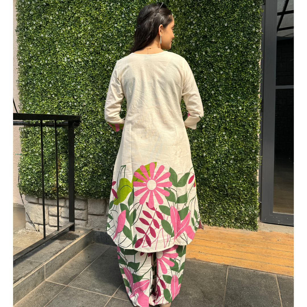 Cream & Pink Tropical Floral Kurta Set with Embroidered Neckline