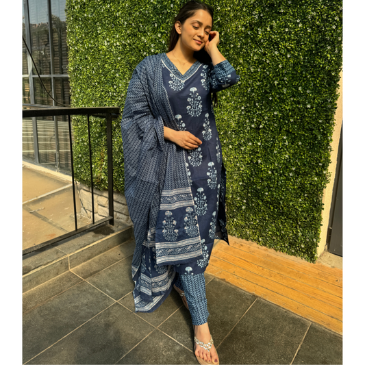 Indigo Blue Handblock Print Kurta Set with Dupatta