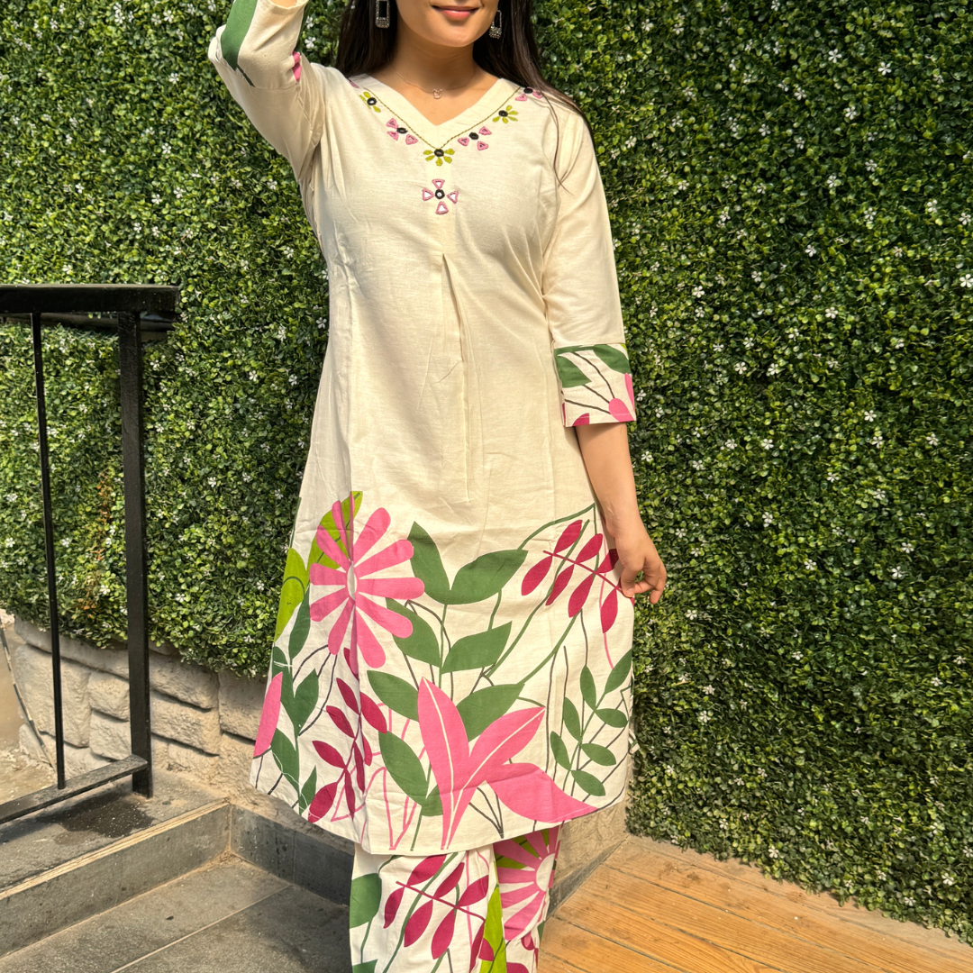 Cream & Pink Tropical Floral Kurta Set with Embroidered Neckline
