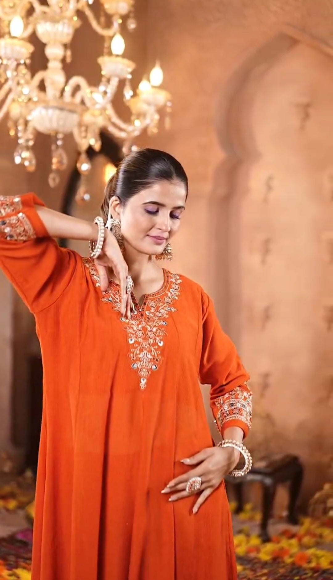 Rust Orange Embroidered Kurta Set with Dupatta – Elegant Festive Wear