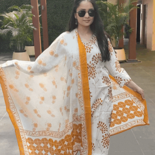Ivory & Mustard Handblock Cotton Printed Kurta Set with Dupatta