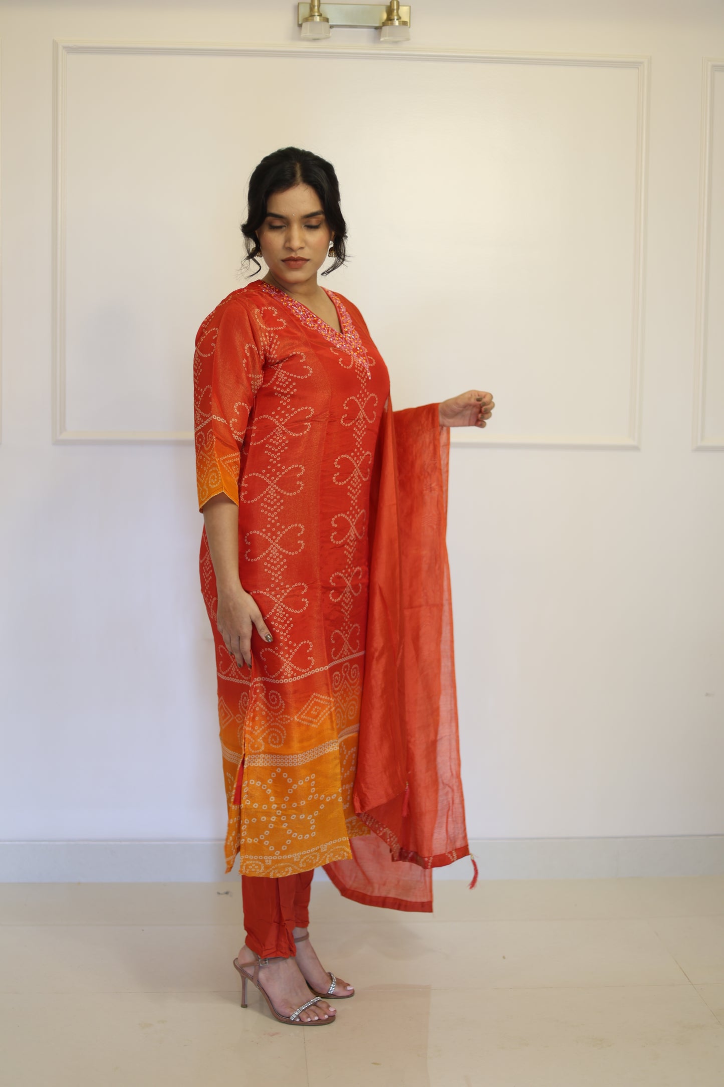Sunset Ombre Bandhani Kurta Set with Dupatta – Plus Size Friendly