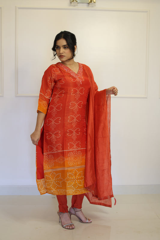 Sunset Ombre Bandhani Kurta Set with Dupatta – Plus Size Friendly