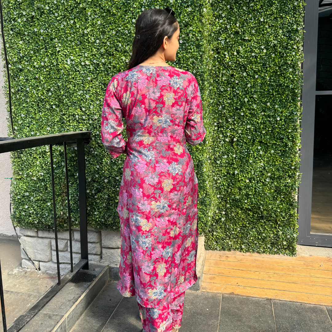 Elegant Floral Magenta Kurta Set with Embroidered Neckline