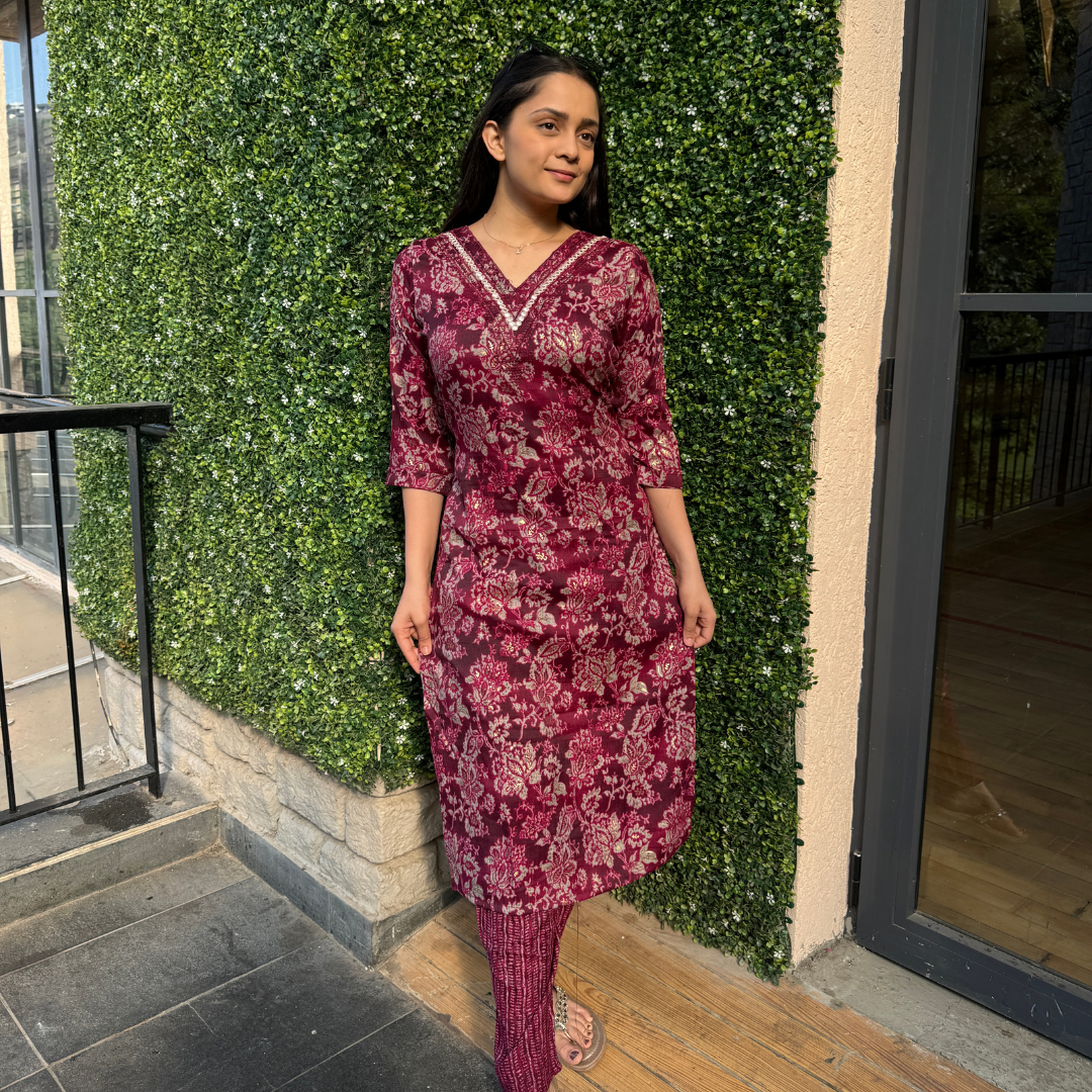 Elegant Maroon Floral Kurta Set – Traditional Charm with a Modern Twist