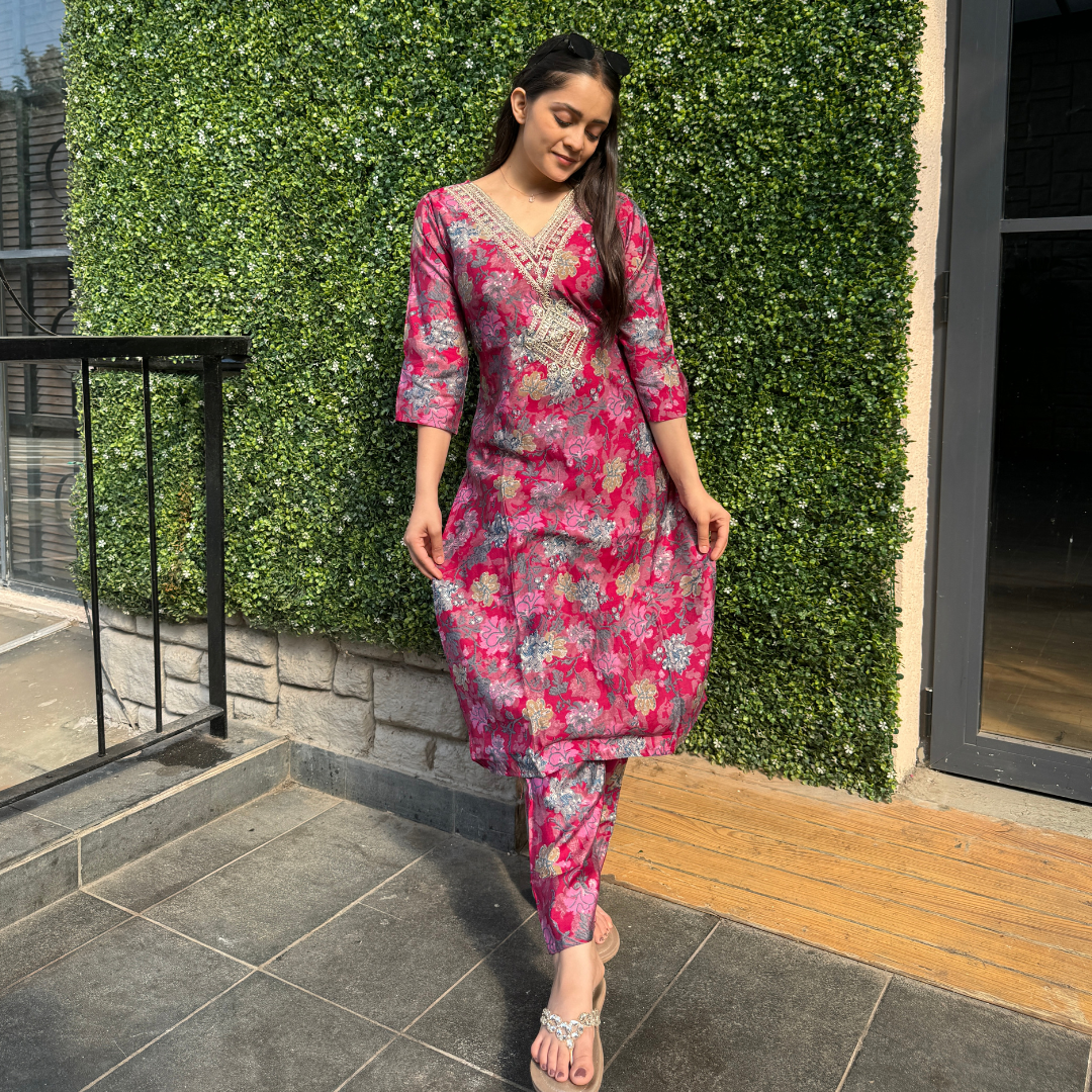 Elegant Floral Magenta Kurta Set with Embroidered Neckline