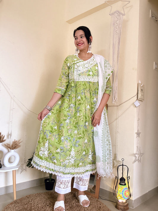 Lime Green Embroidered Cotton Anarkali Kurta Set with Lace Dupatta & Pants