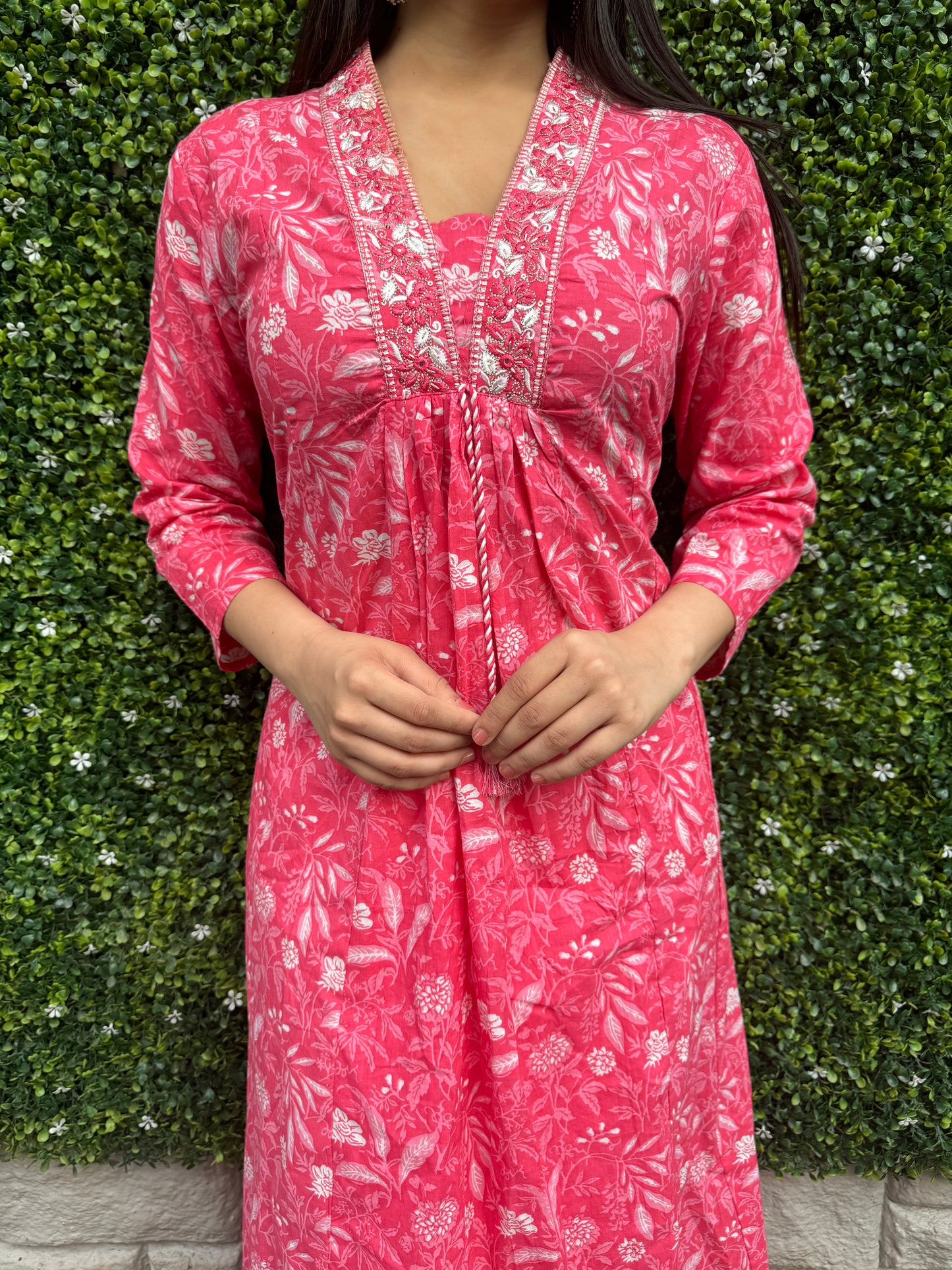 Elegant Pink Floral Cotton Kurta Set with Embroidered Neckline & Printed Dupatta